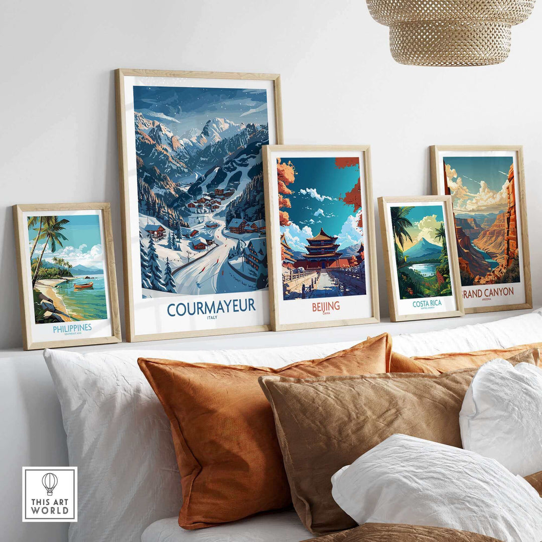 Framed travel prints on a wall featuring Courmayeur, Beijing, Costa Rica, and the Grand Canyon in a stylish room setting.