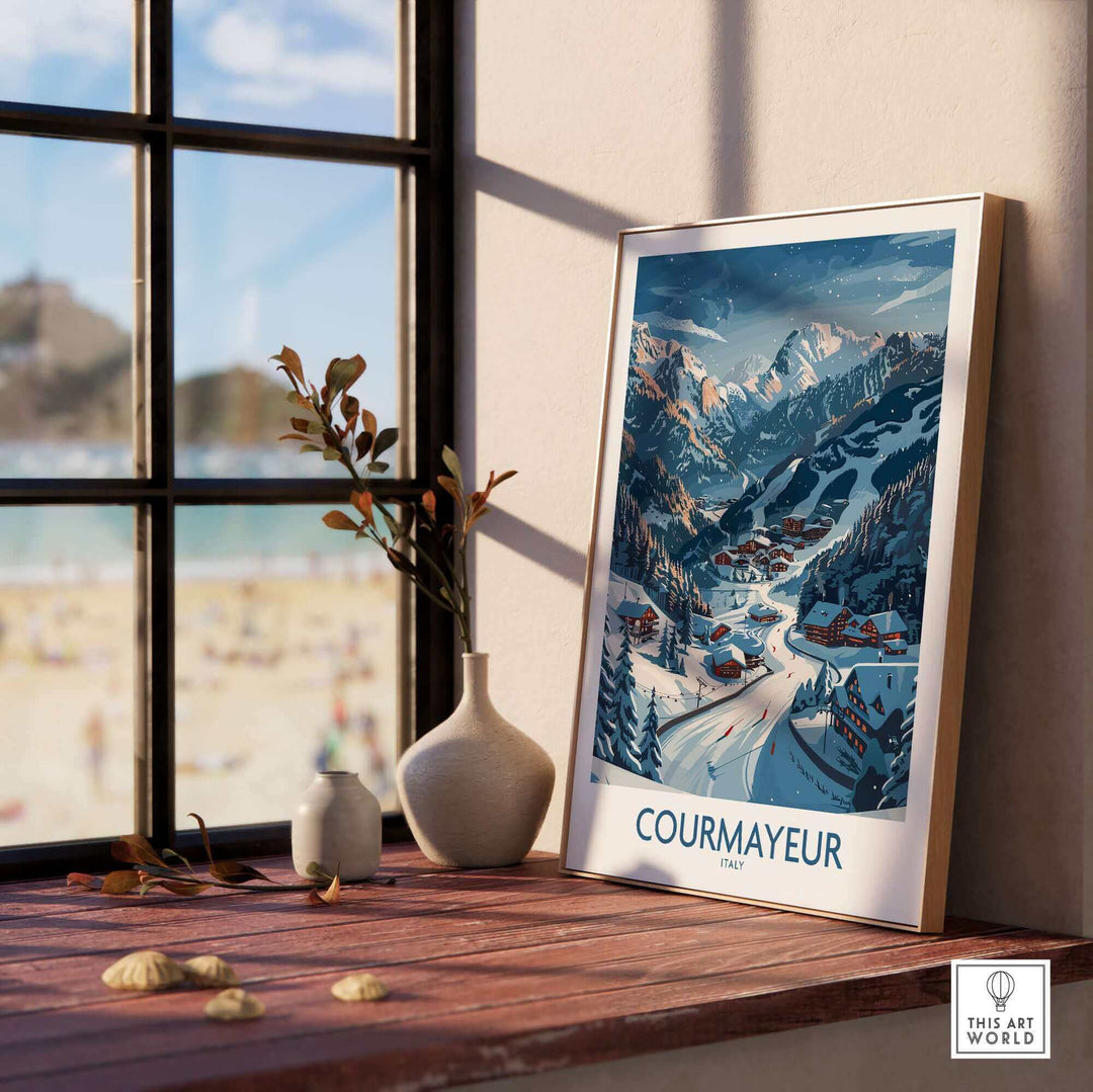 Courmayeur Ski Print displayed in a cozy interior, showcasing vibrant colors and mountainous scenery, perfect for ski enthusiasts.