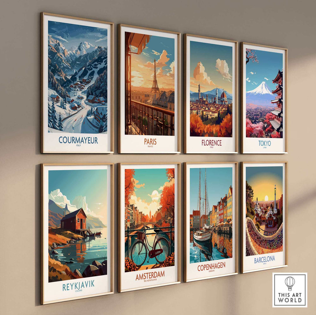 Colorful travel art prints featuring Courmayeur, Paris, Florence, Tokyo, Reykjavik, Amsterdam, Copenhagen, and Barcelona.