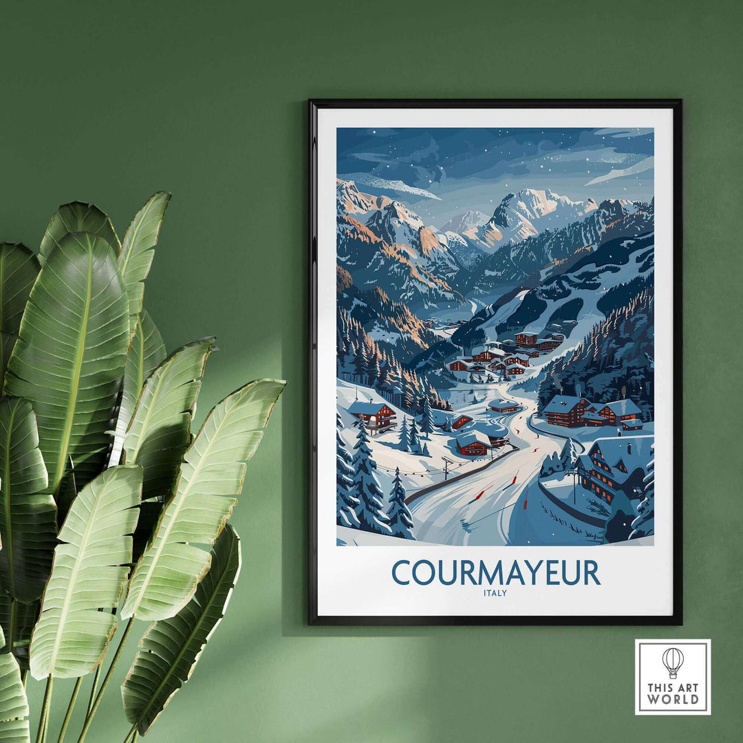 Courmayeur ski print in vibrant colors, showcasing mountain slopes and cozy cabins in Italy, perfect for ski enthusiasts' decor.