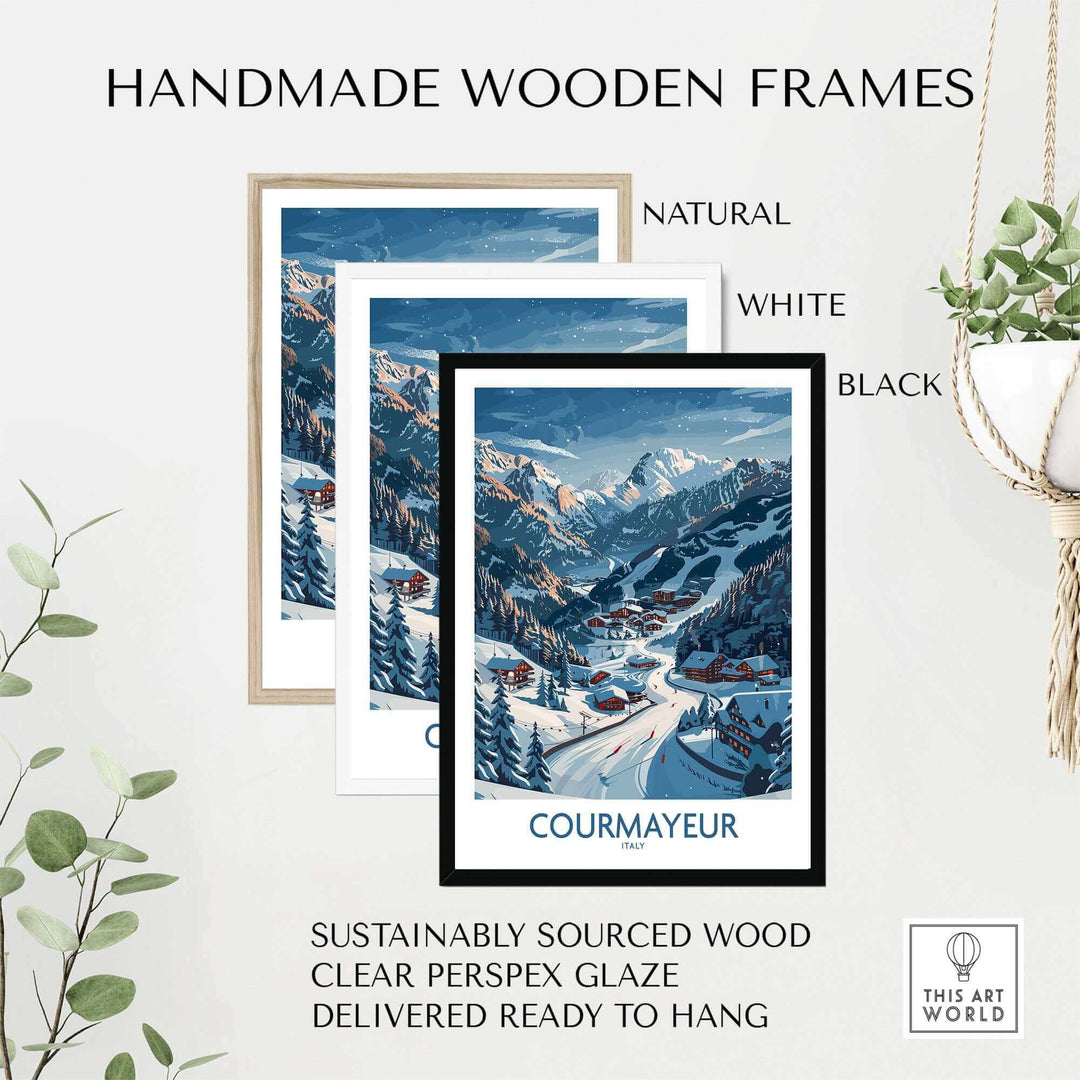 Handmade wooden frames in natural, white, and black for Courmayeur ski print, sustainably sourced and ready to hang.