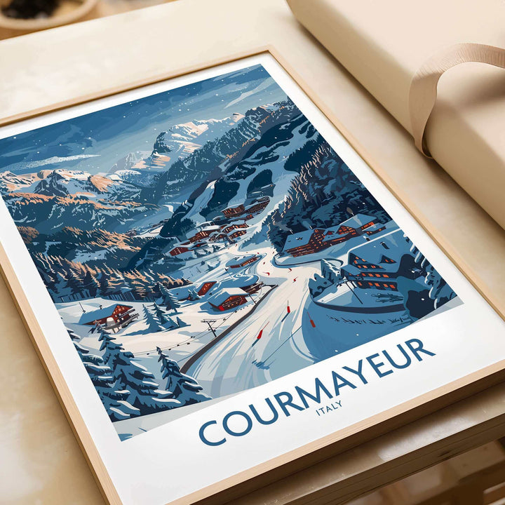 Courmayeur Ski Print showcasing snowy slopes and alpine scenery in Italy, perfect for ski enthusiasts' wall art collection.