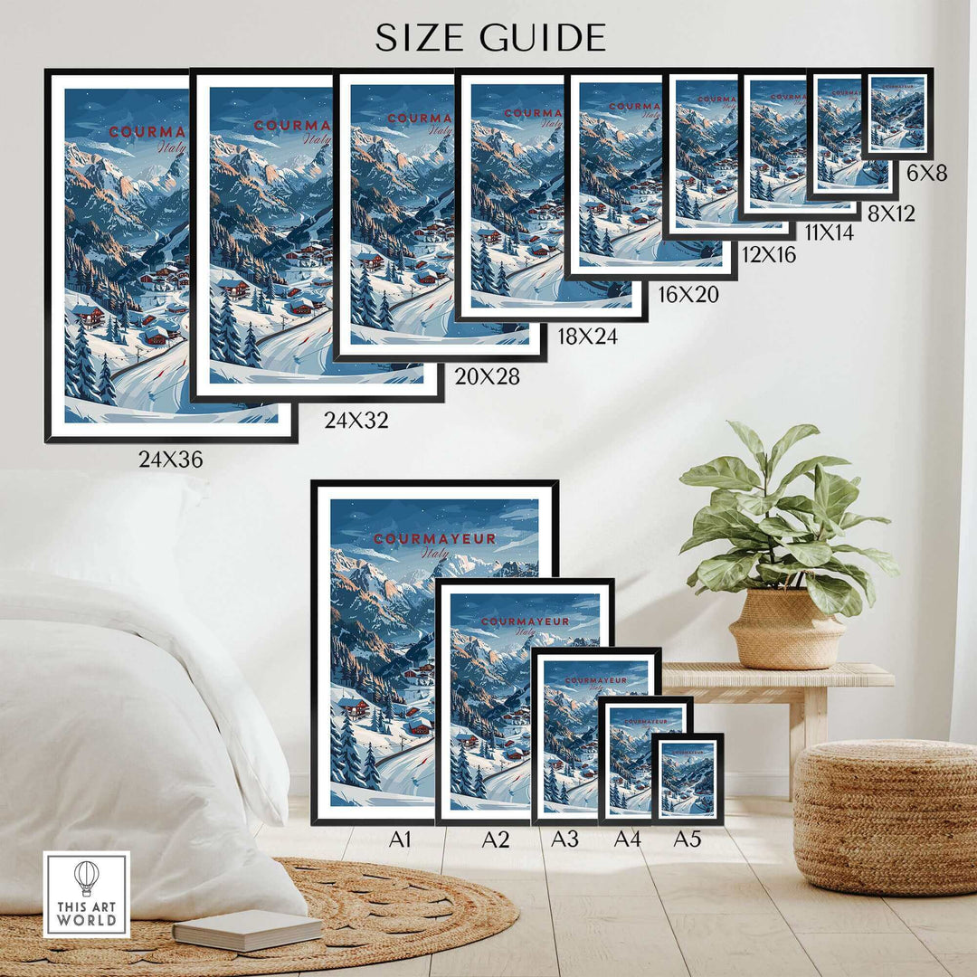 Size guide for Courmayeur travel poster showcasing various frame sizes and design options. Perfect for home decoration.