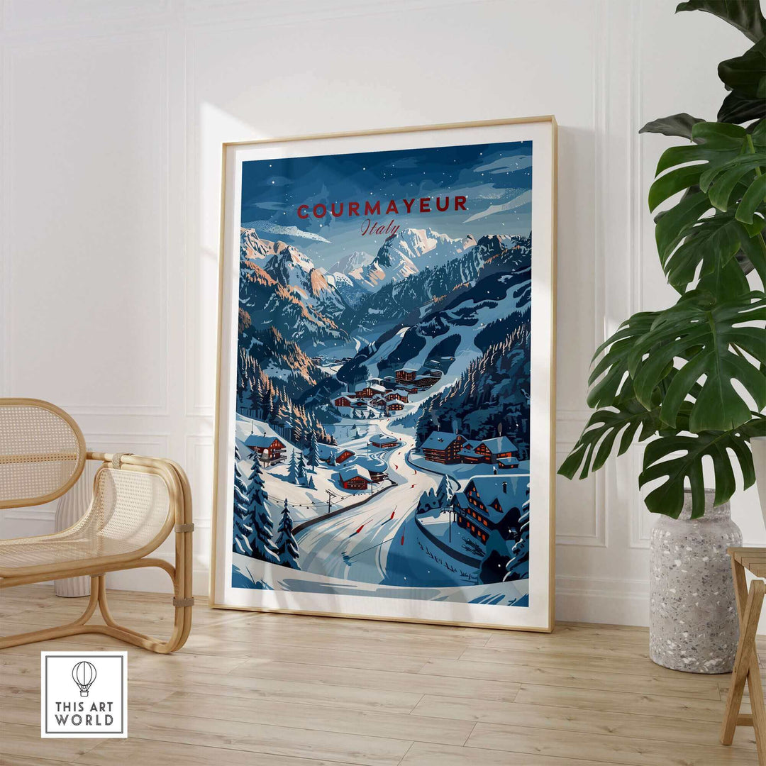 Courmayeur travel poster showcasing snowy mountains and charming village in Italy, perfect for ski enthusiasts and home decor.