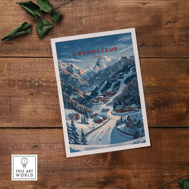 Courmayeur travel poster showcasing the beautiful Italian alpine scenery and ski charm, perfect for home decor.