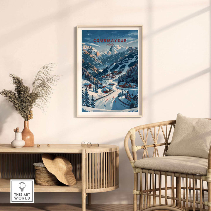 Courmayeur travel poster showcasing stunning mountains and ski slopes in a cozy interior setting. Perfect for travel enthusiasts.