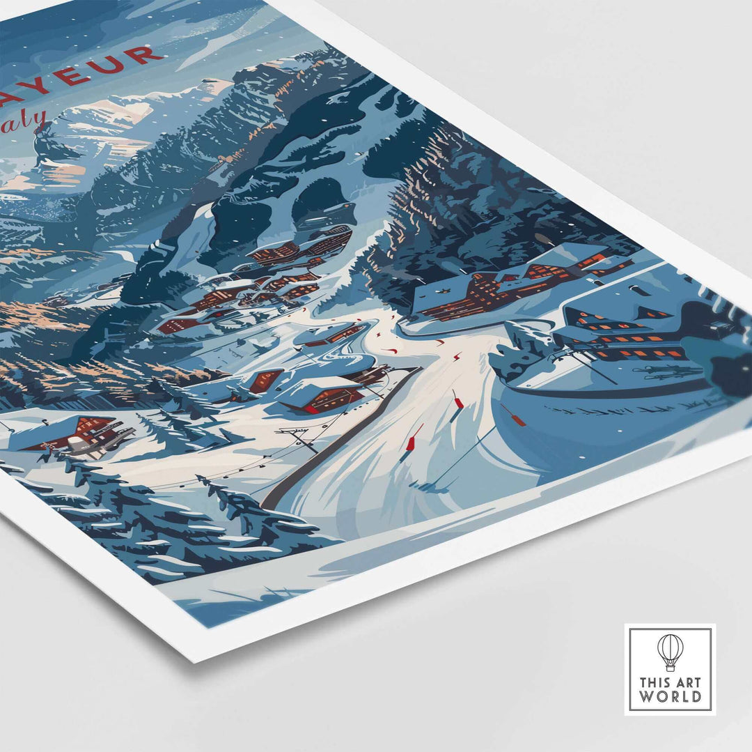 Courmayeur travel poster showcasing snowy mountains and ski slopes in Italy, perfect for adding Italian charm to your decor.