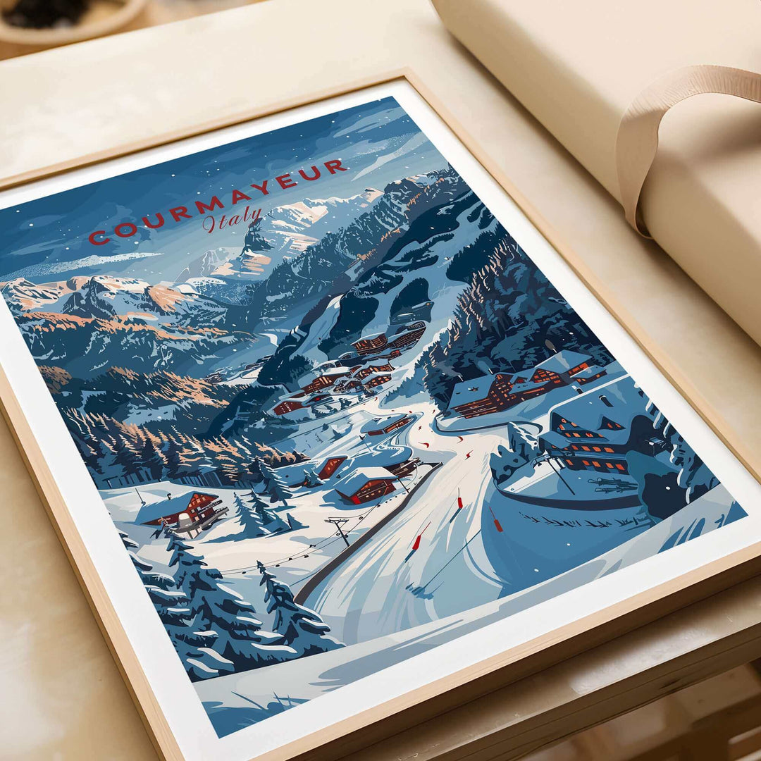 Courmayeur travel poster showcasing snowy mountains and ski slopes, adding Italian charm to your decor.