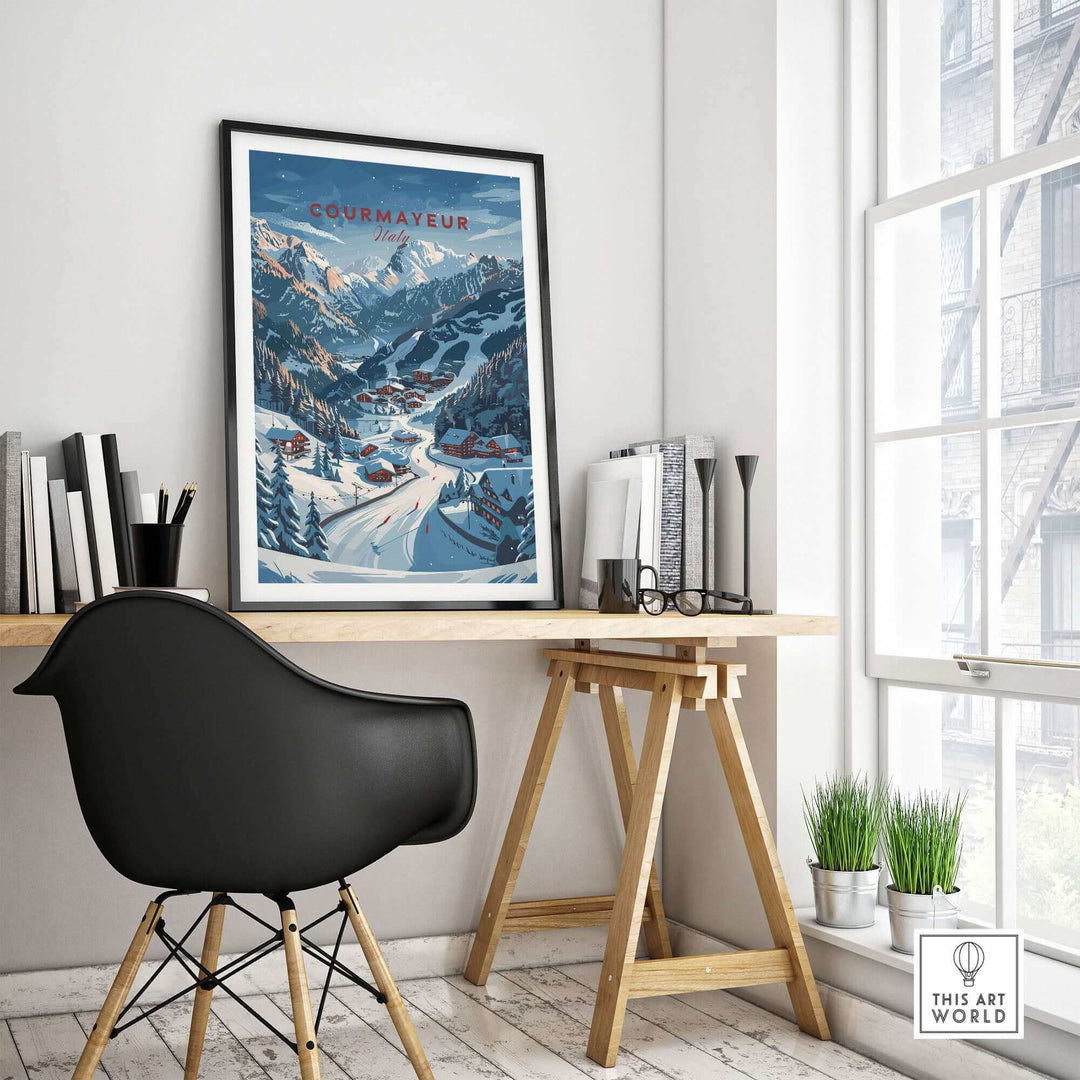 Courmayeur travel poster displayed in a stylish home office, showcasing scenic ski slopes and Italian mountains.