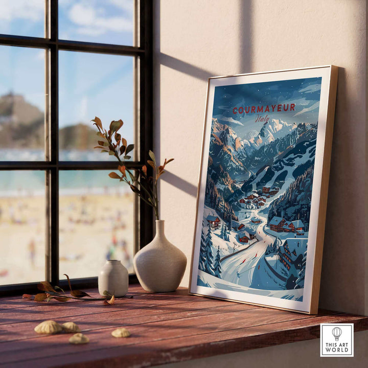 Courmayeur travel poster in a stylish frame, showcasing the stunning Italian ski resort view with mountains and village.