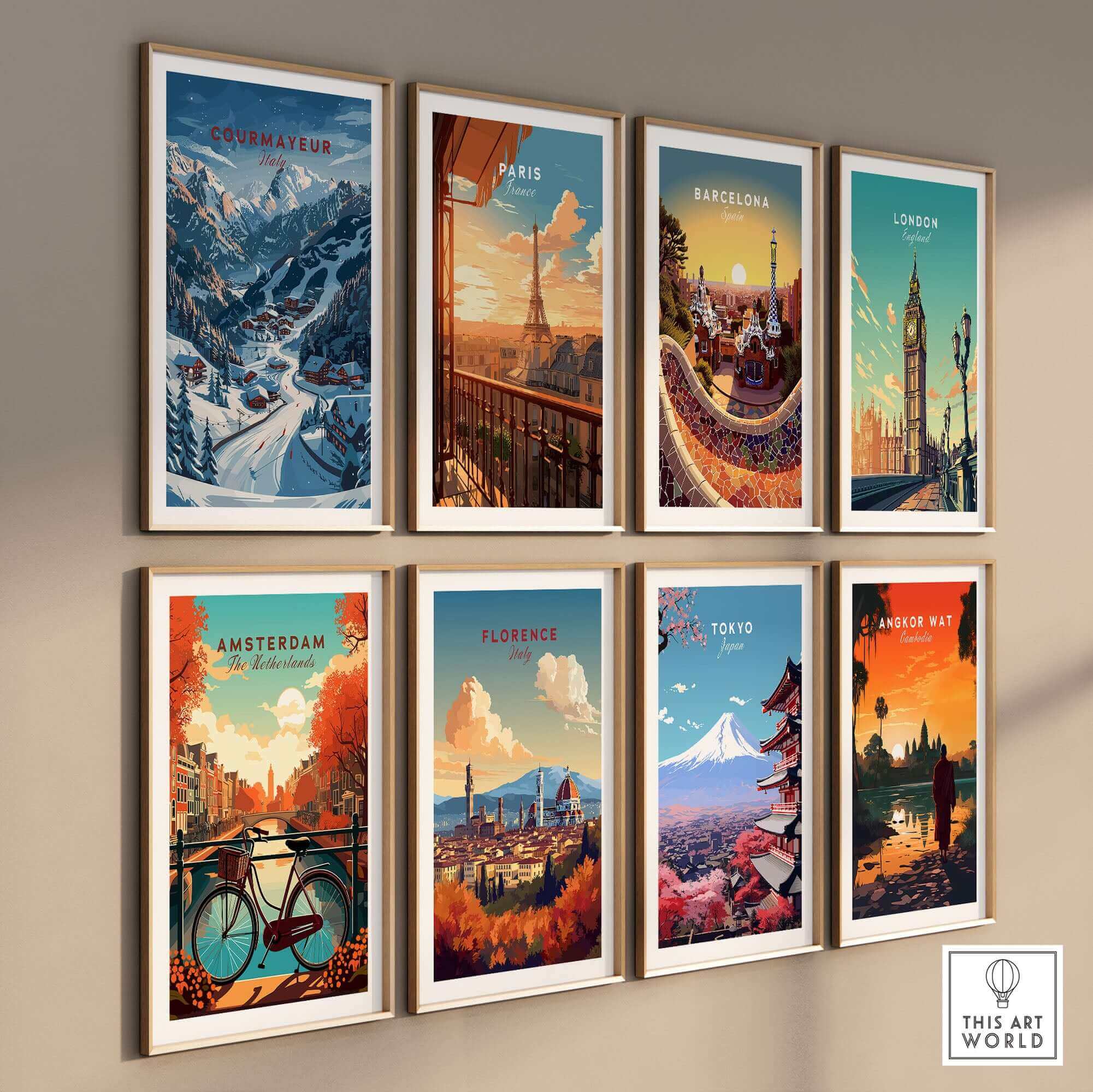 Colorful travel posters on a wall featuring Courmayeur, Paris, Barcelona, London, Amsterdam, Florence, Tokyo, and Angkor Wat.