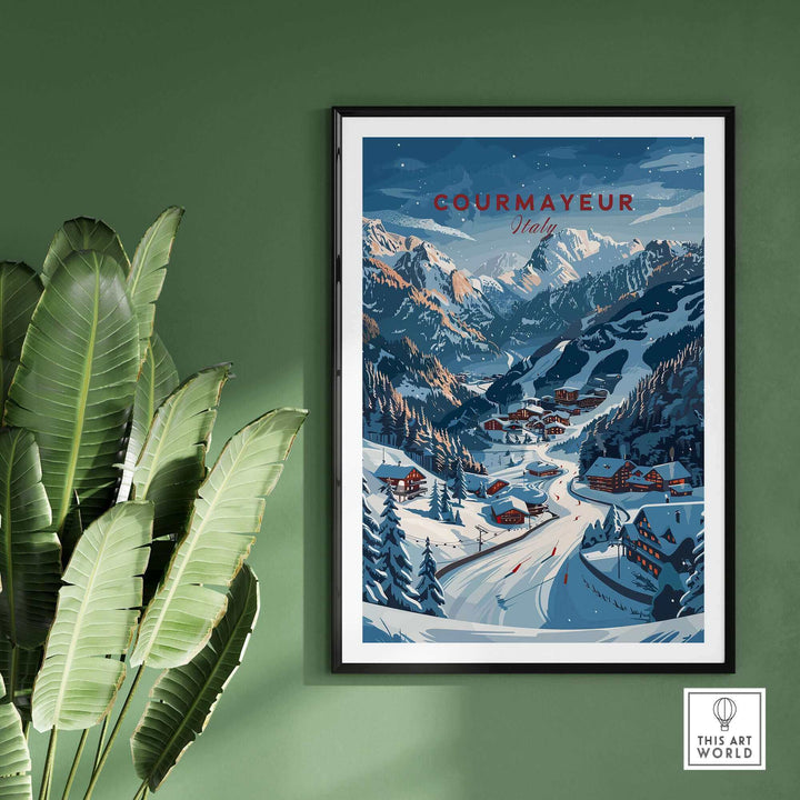 Vintage Courmayeur travel poster showcasing snowy mountains and chalets in Italy, framed on a green wall.