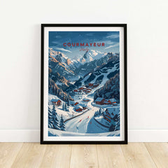 Courmayeur travel poster showcasing a snowy Italian landscape with charming chalets and mountains. Perfect for home decor.