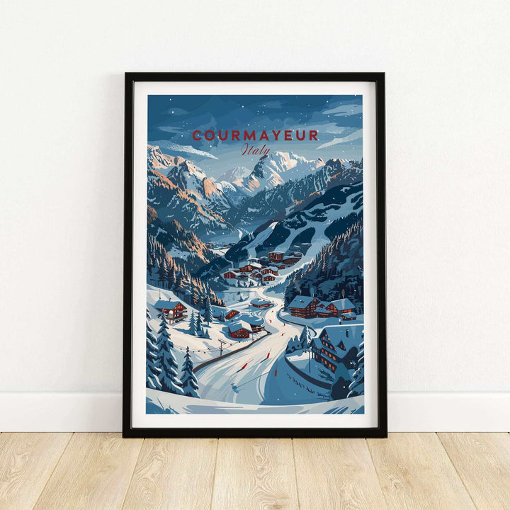 Courmayeur travel poster showcasing a snowy Italian landscape with charming chalets and mountains. Perfect for home decor.