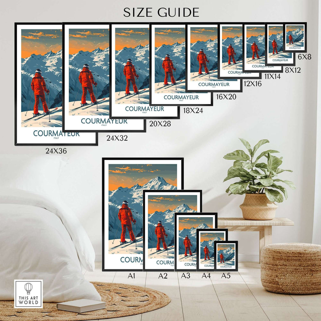 Courmayeur Wall Art Print Italy Ski Poster Size Guide Displayed in Various Format Options