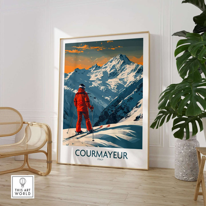 Courmayeur ski poster featuring a skier overlooking majestic snowy mountains, displayed in a stylish indoor setting.