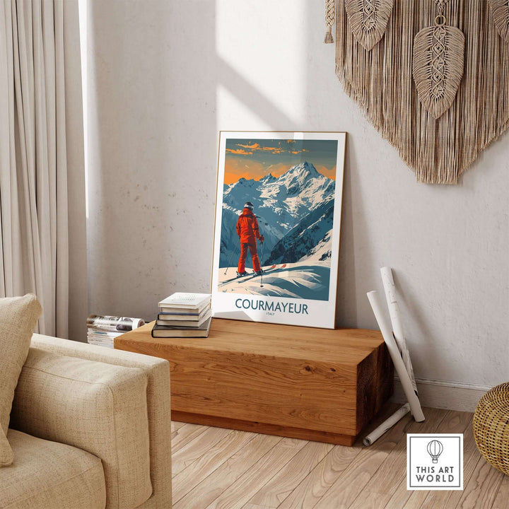 Courmayuer ski poster wall art print of Italy in stylish room setting.