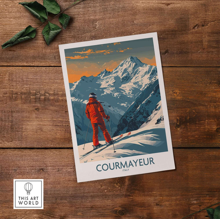 Ski poster of Courmayeur, Italy, featuring a skier overlooking snowy mountains, perfect wall art print for winter sports enthusiasts.