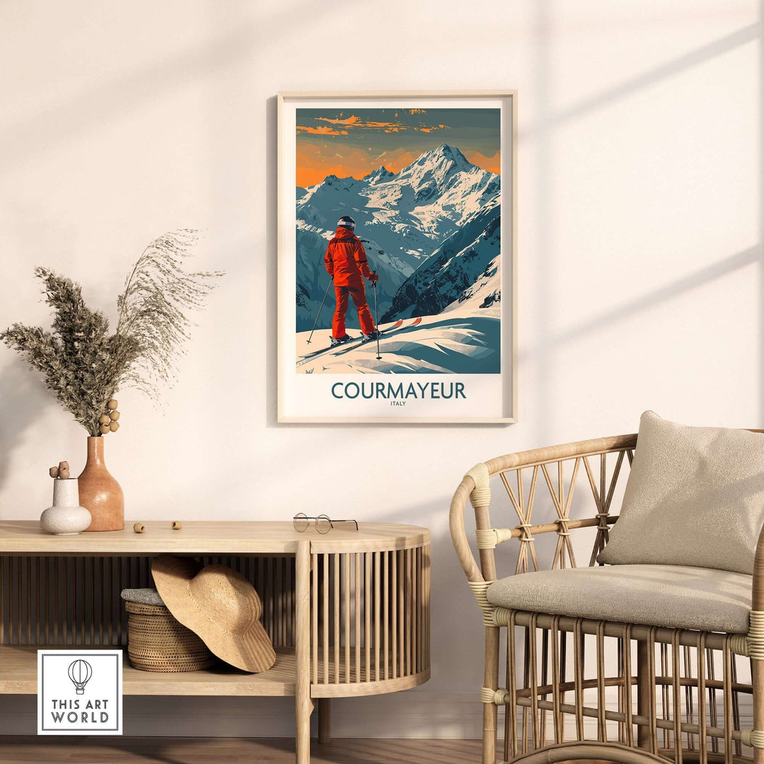 Courmayeur ski poster wall art print featuring a skier in red against Italian mountain backdrop, displayed in a cozy living room setting.