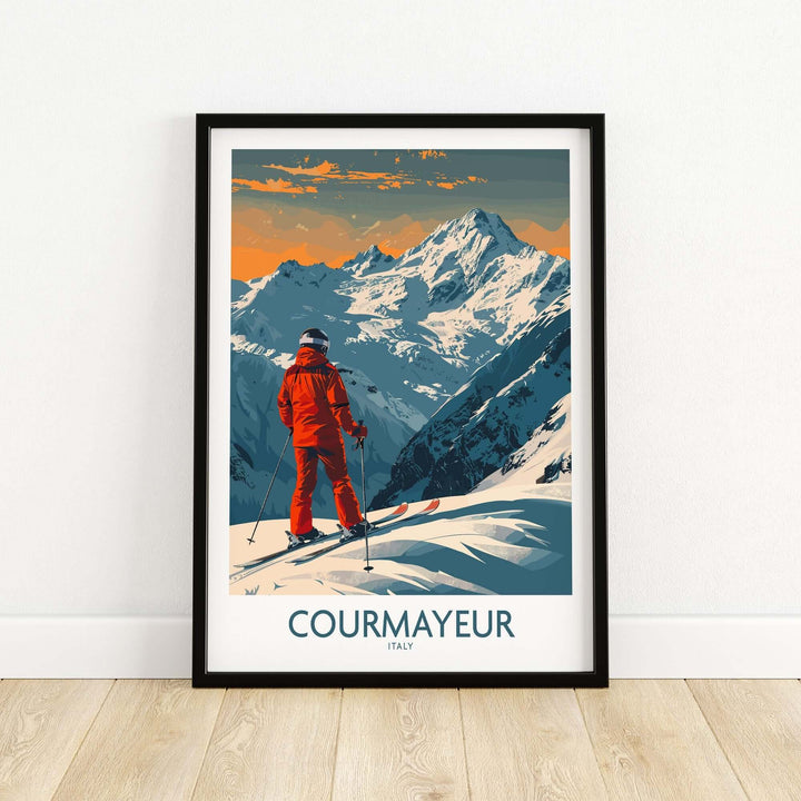 Courmayeur Italy ski poster wall art print featuring skier on snowy mountain with dramatic sky.