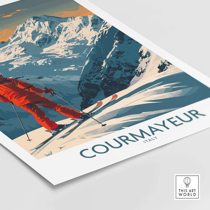 Courmayeur ski poster showcasing skier on snowy slope with mountain view, perfect wall art print of Italy.