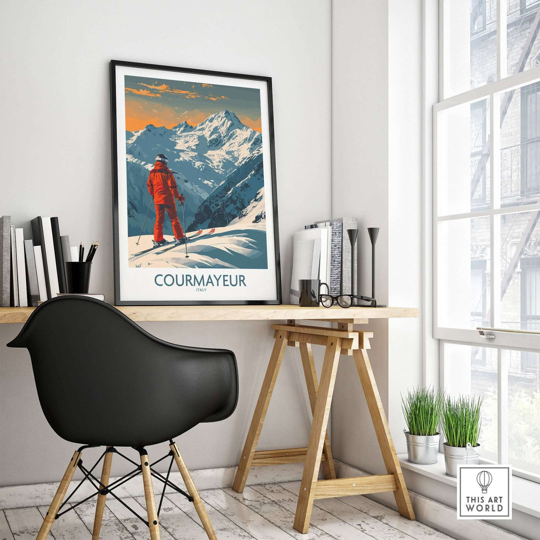 Courmayeur ski poster wall art print featuring a skier in the Italian Alps, displayed in a modern home office setting.