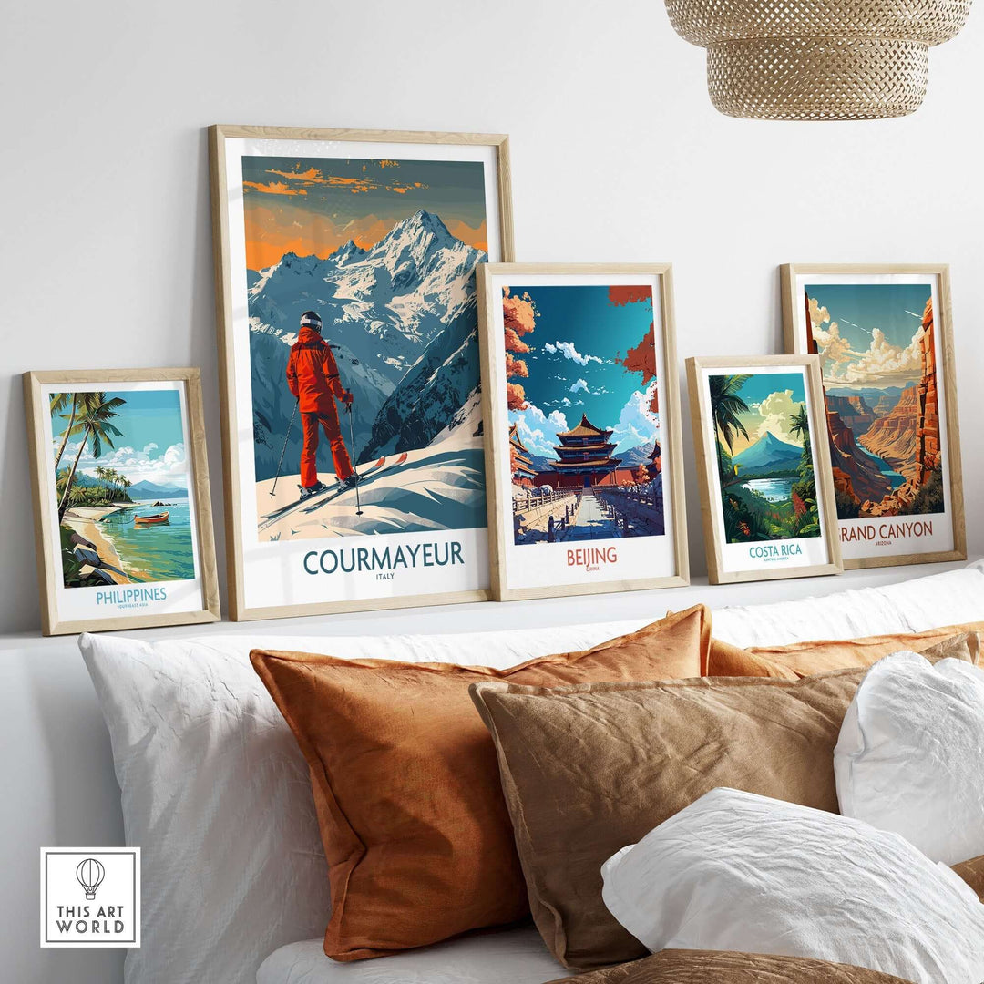 Stylish wall art display featuring Courmayeur ski poster along with other travel destinations, perfect for home decor enthusiasts.