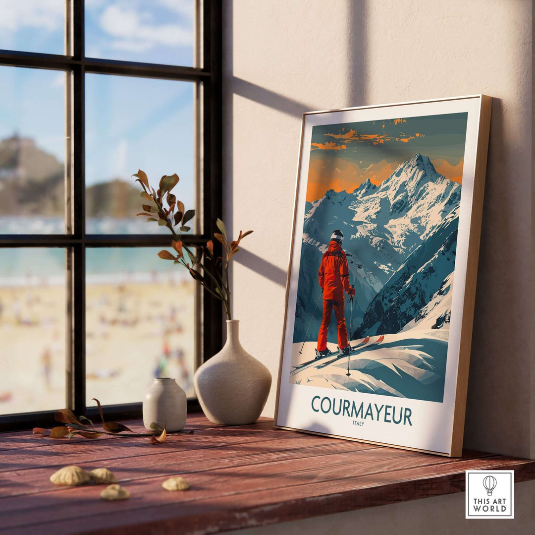 Courmayeur ski poster with skier on snowy mountains, framed wall art print on a sunny windowsill.