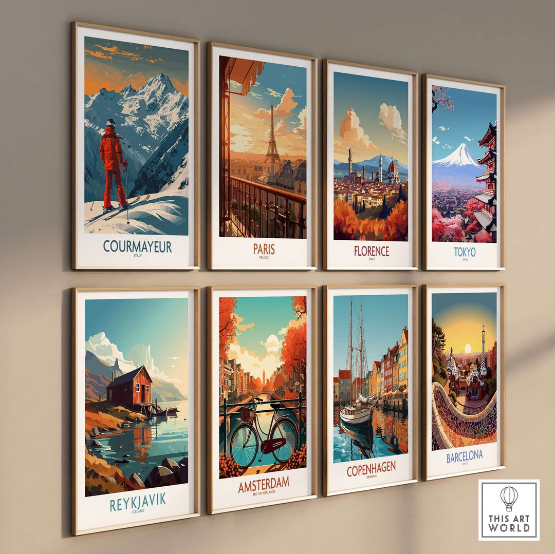 Collection of wall art prints featuring ski poster of Courmayeur, and cityscapes of Paris, Florence, Tokyo, Reykjavik, Amsterdam, Copenhagen, Barcelona.