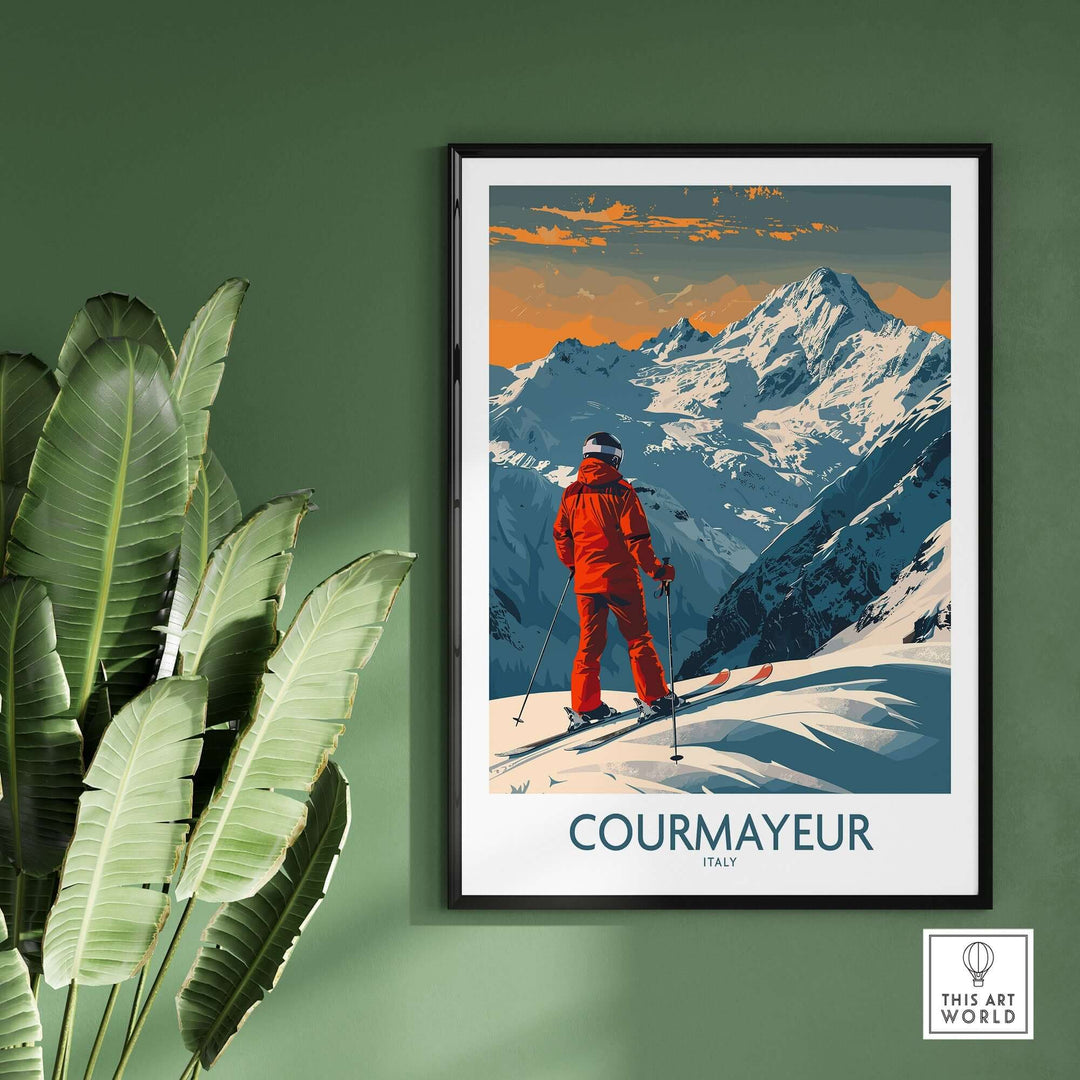 Courmayeur ski poster wall art print featuring skier and Italian Alps, ideal for home decor