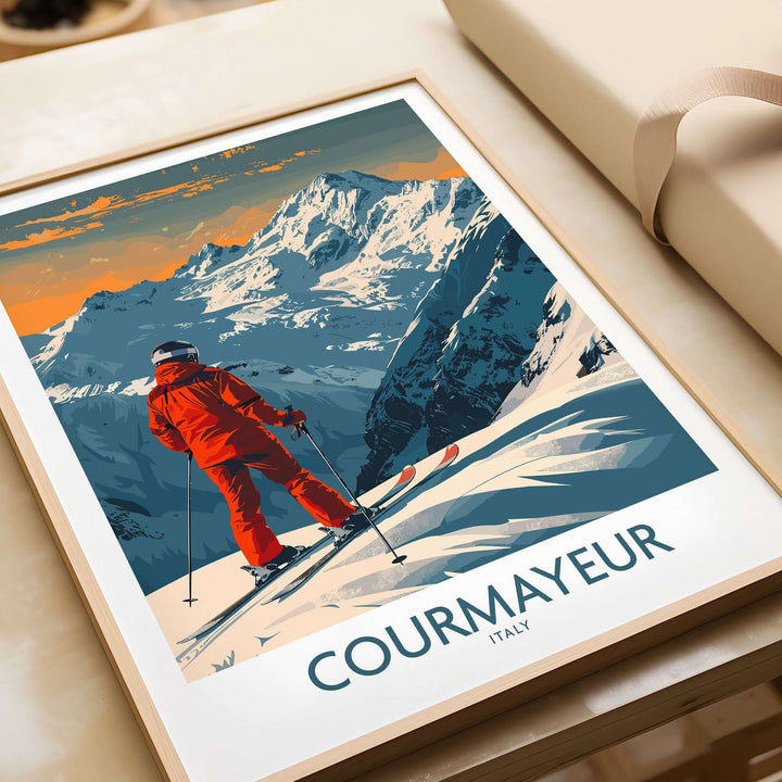 Ski poster of Courmayeur, Italy, featuring a skier in red against a scenic mountain backdrop, perfect wall art print for ski enthusiasts.