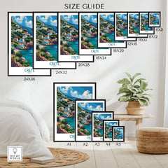 Size guide displaying various sizes of Crete Greece Art Print in a beautifully decorated room.