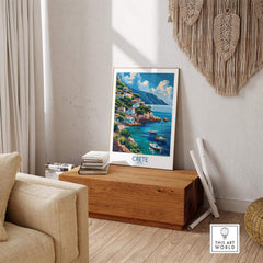 Crete Greece Art Print showcasing the beautiful landscapes of Crete in a stylish living room setting.