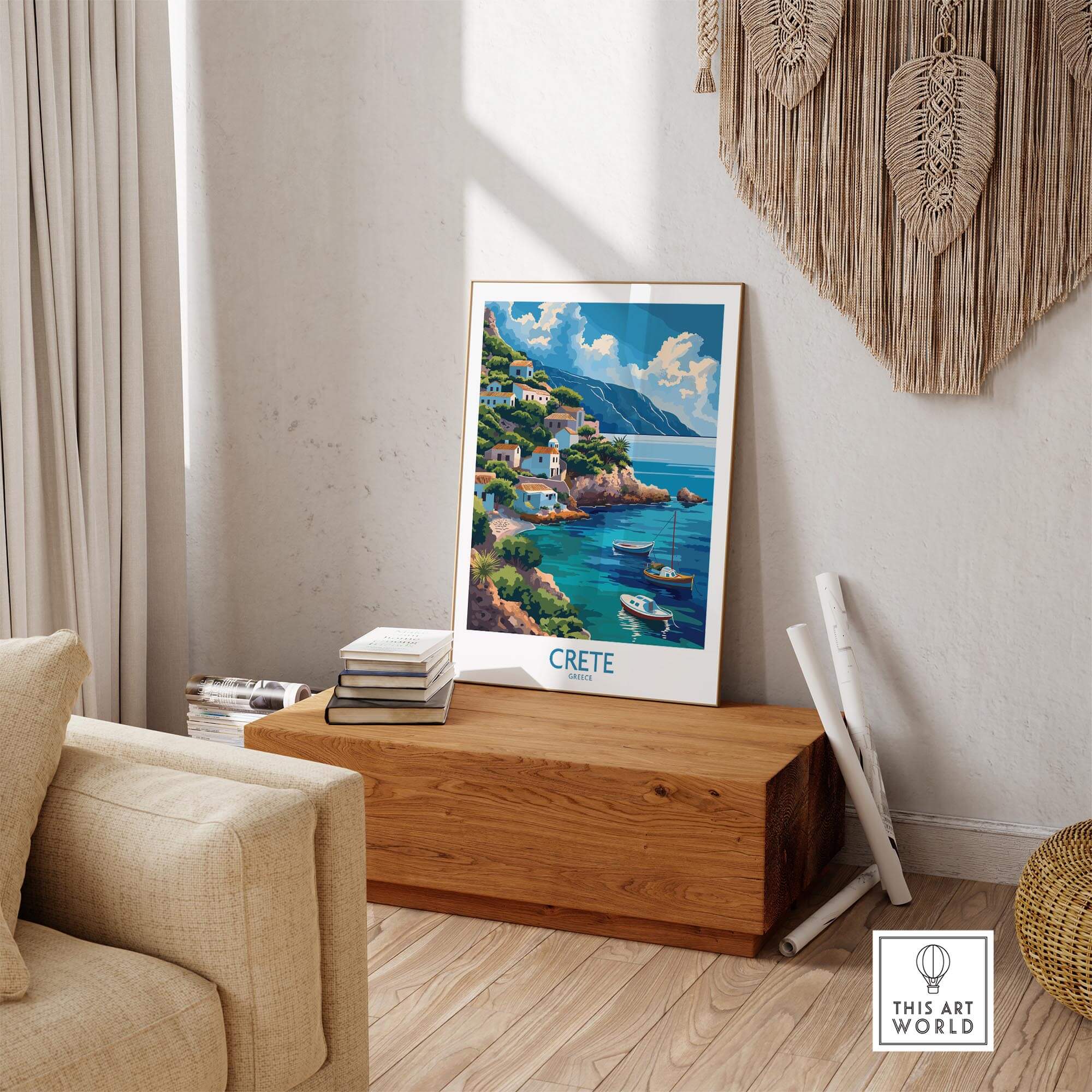 Crete Greece Art Print showcasing the beautiful landscapes of Crete in a stylish living room setting.