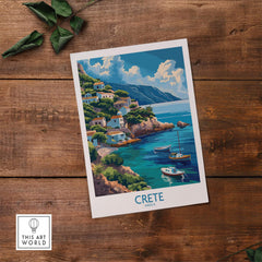 Crete Greece Art Print showcasing a picturesque coastal view with boats and charming houses in a serene landscape.
