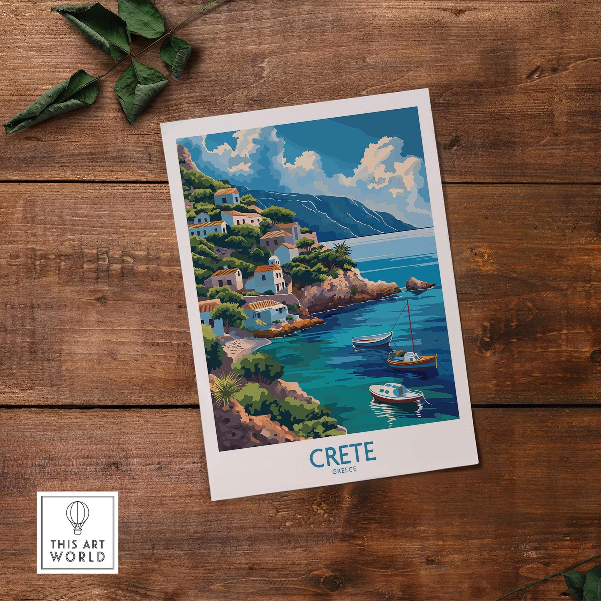 Crete Greece Art Print showcasing a picturesque coastal view with boats and charming houses in a serene landscape.