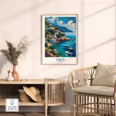 Crete Greece Art Print showcasing the scenic beauty of Crete in a stylish home setting.