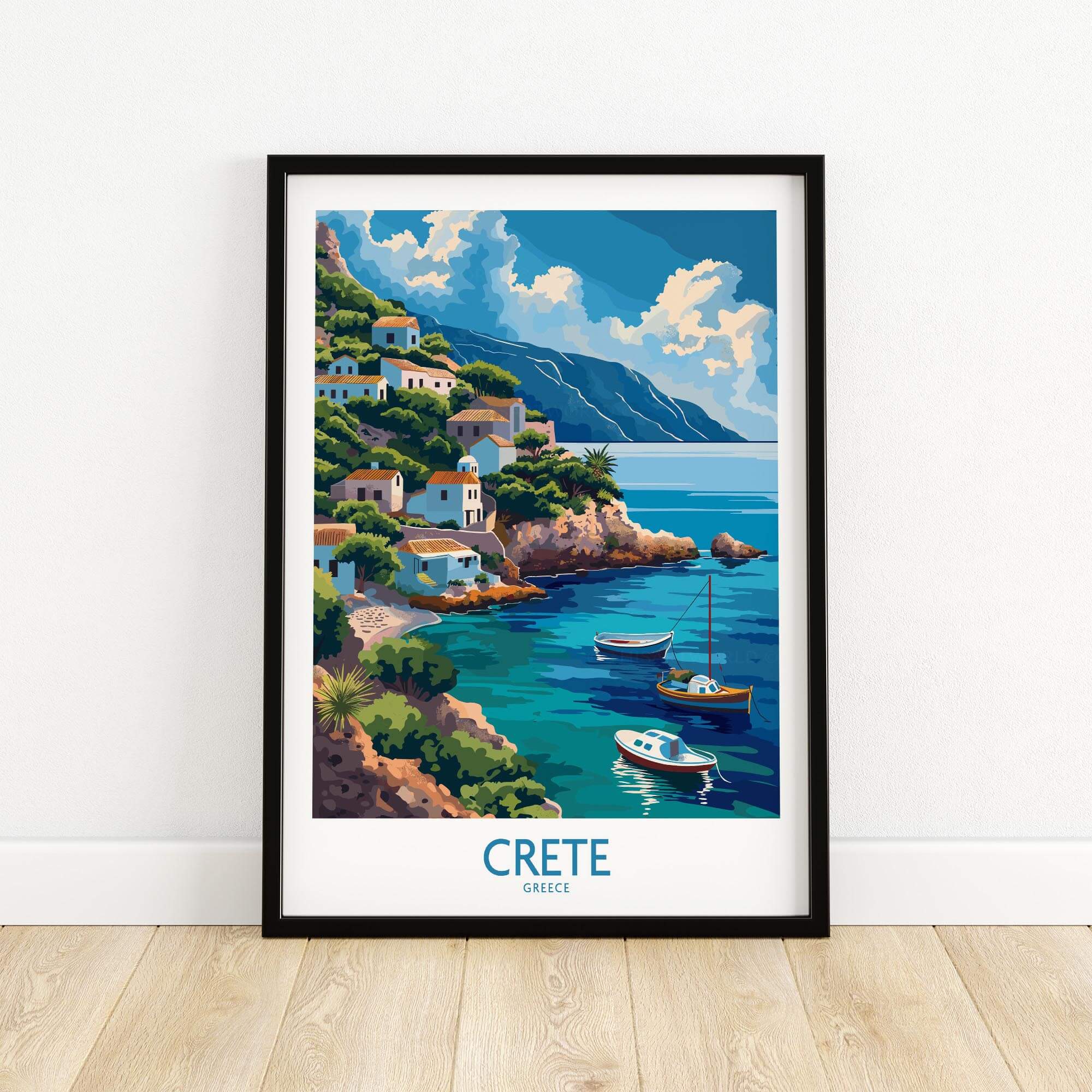Crete Greece Art Print featuring a coastal scene with boats and vibrant landscapes.