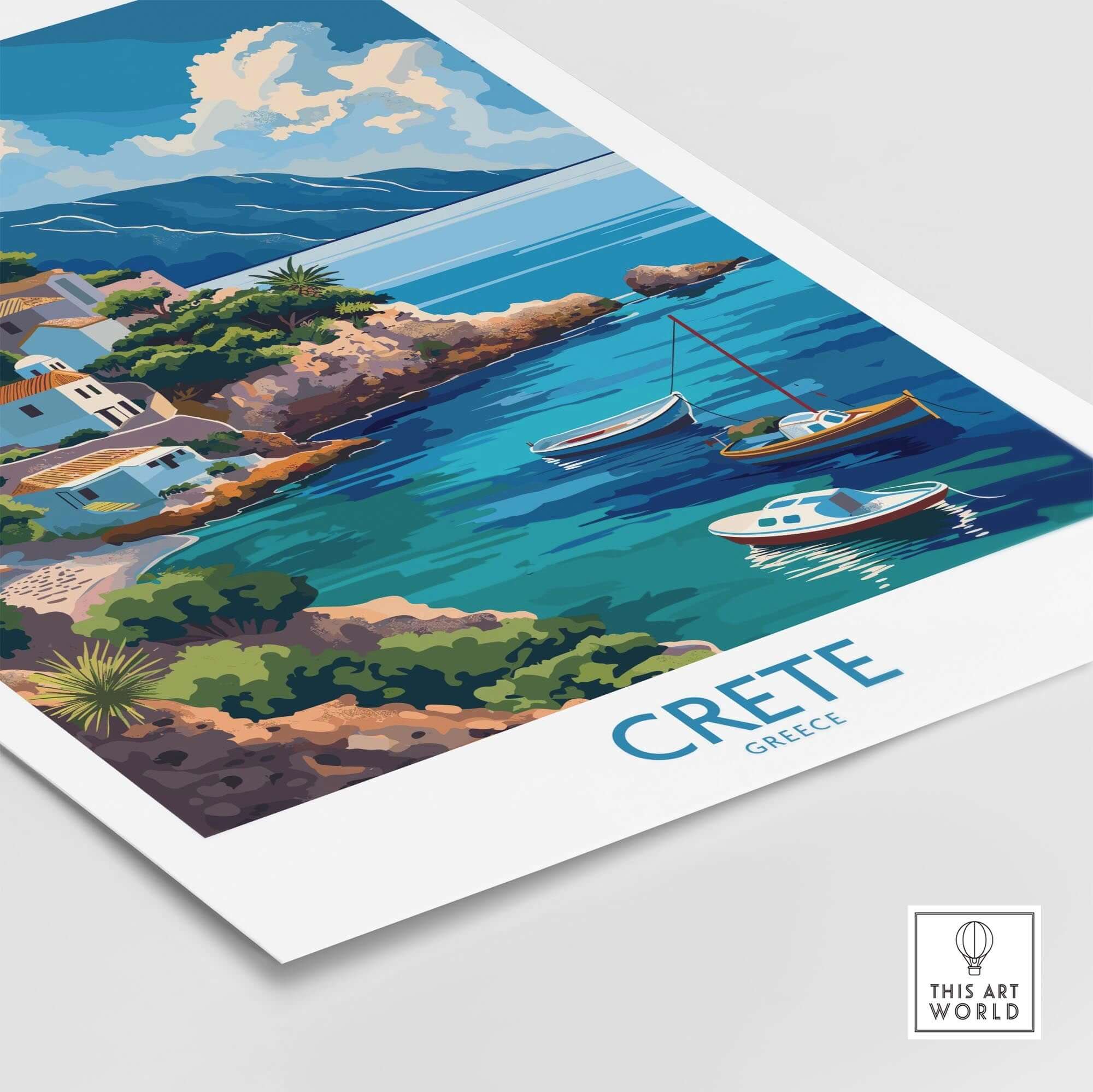 Crete Greece Art Print featuring a vibrant coastal scene with boats and lush landscapes.