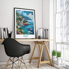 Crete Greece Art Print displayed in a modern workspace, showcasing the beauty of Crete with vibrant colors and artistic flair.