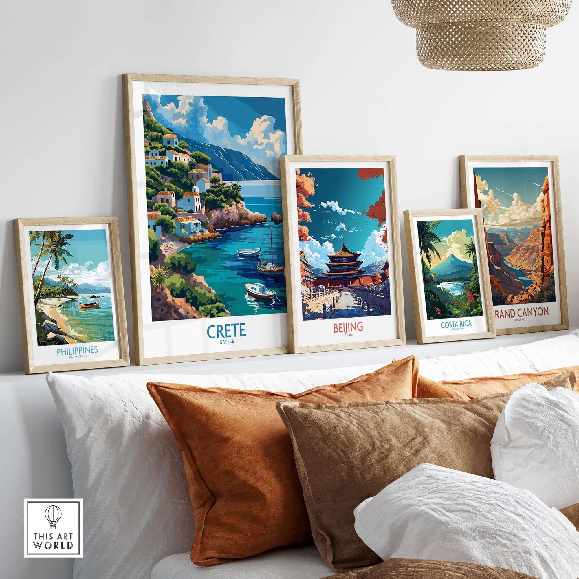 Gallery wall displaying the Crete Greece Art Print among other travel posters.
