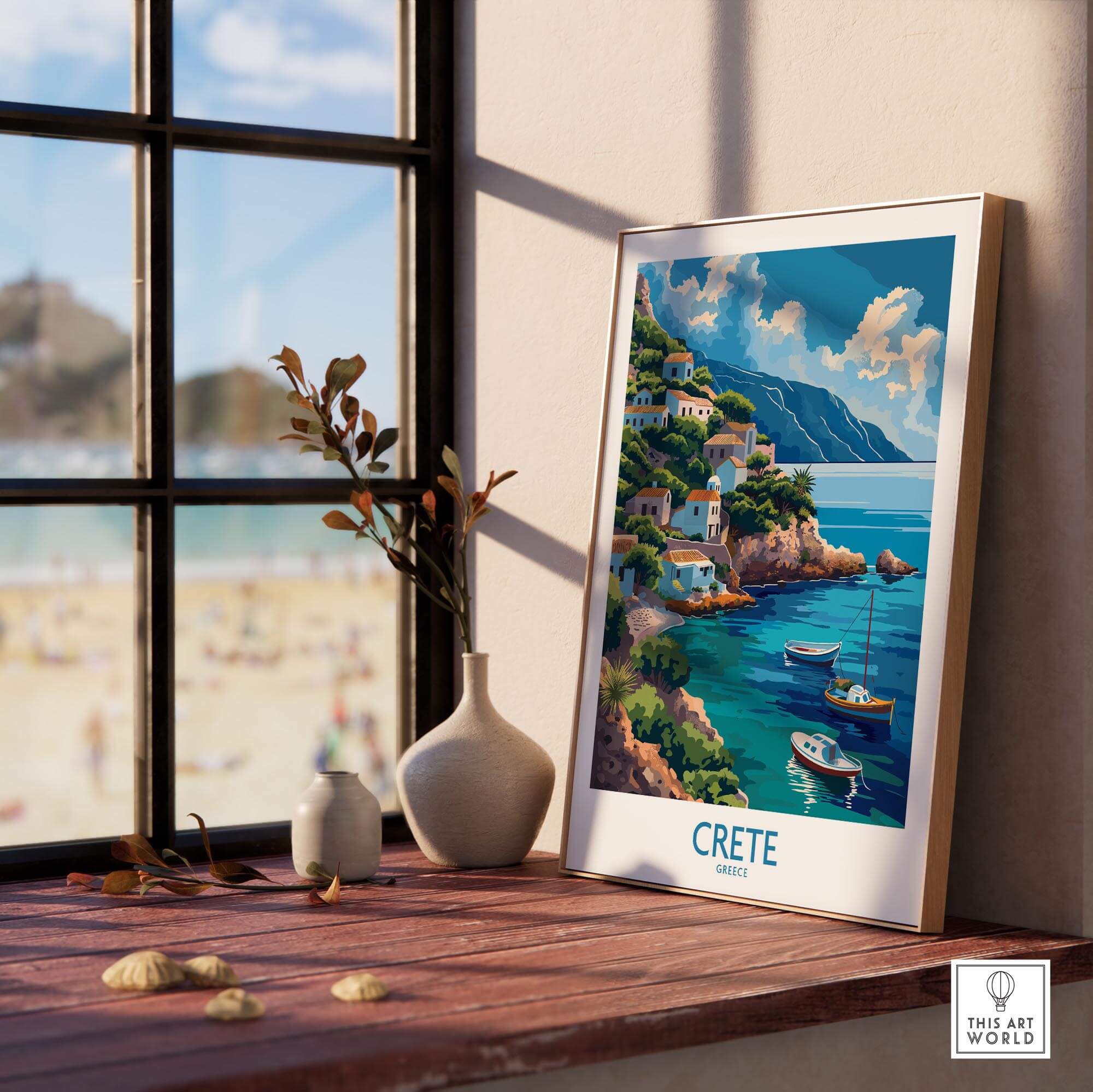 Crete Greece Art Print displayed near a window, showcasing the scenic beauty of Crete's coastline and architecture.