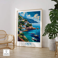 Crete Greece Art Print featuring vibrant coastal scenery and boats, perfect for Mediterranean-themed home decor.