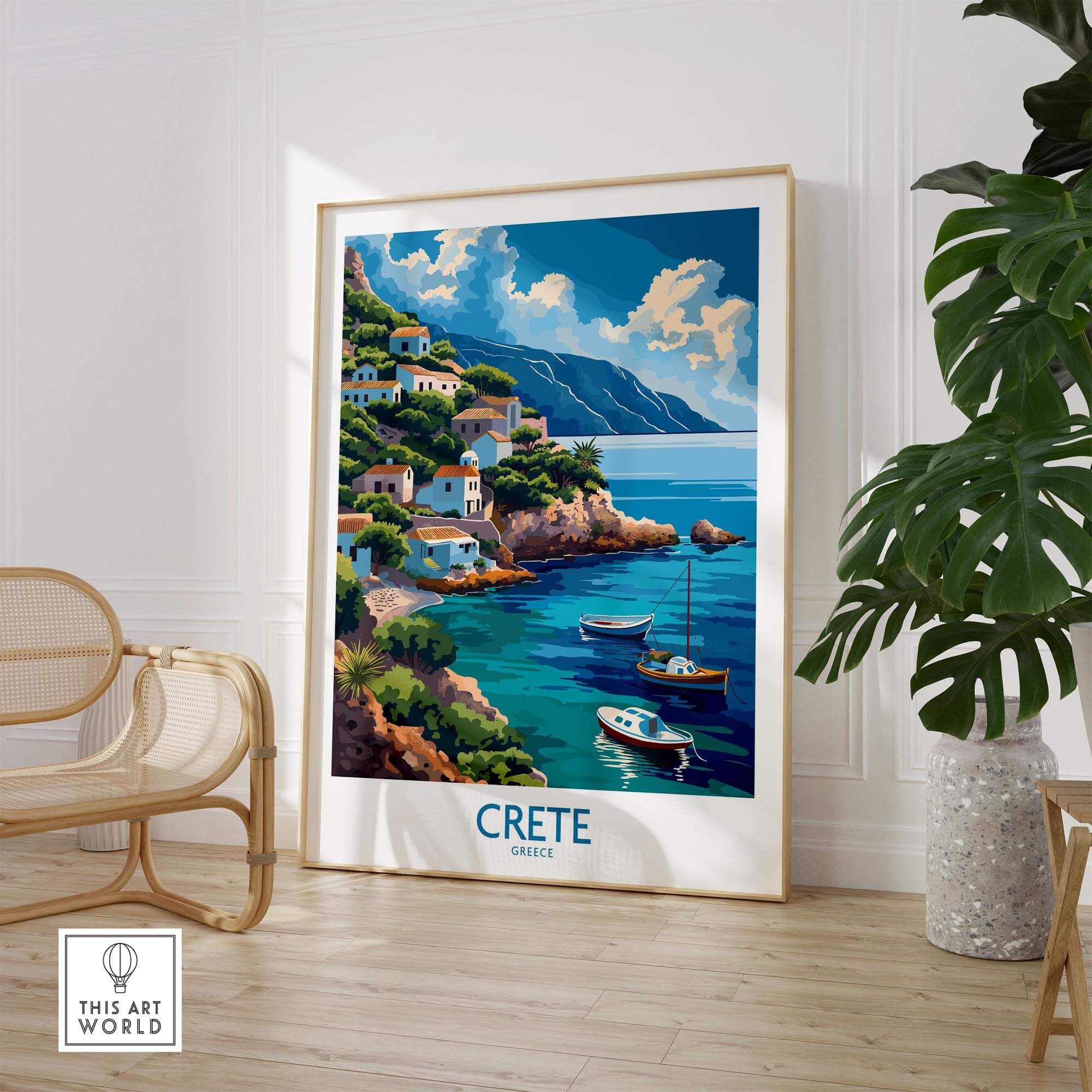 Crete Greece Art Print featuring vibrant coastal scenery and boats, perfect for Mediterranean-themed home decor.