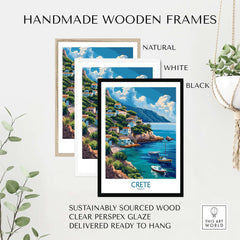 Crete Greece Art Print framed in natural, white, and black handmade wooden frames, showcasing the island's beauty.