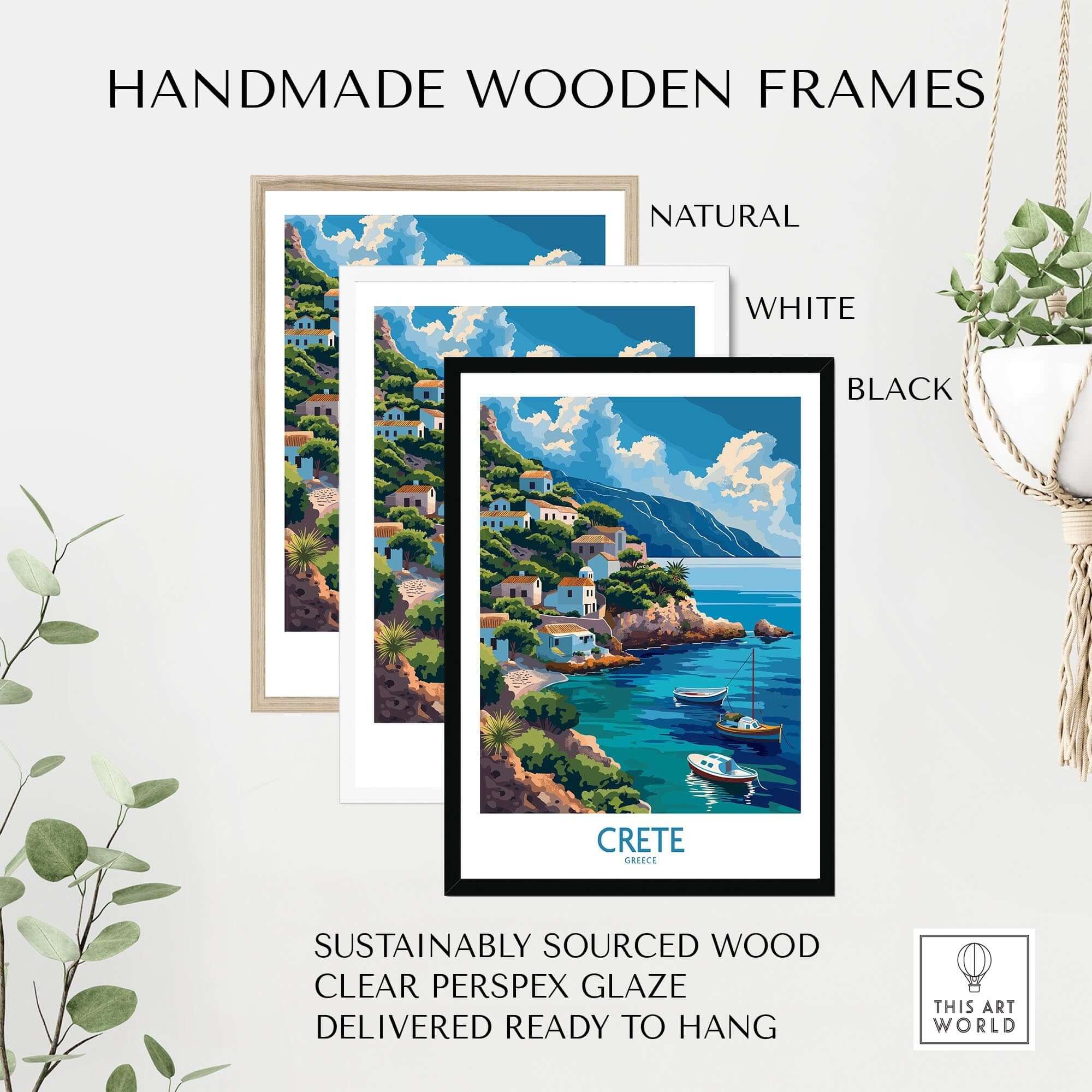 Crete Greece Art Print framed in natural, white, and black handmade wooden frames, showcasing the island's beauty.