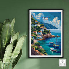 Crete Greece Poster Print showcasing a vibrant coastal scene of Crete with boats and beautiful landscapes.
