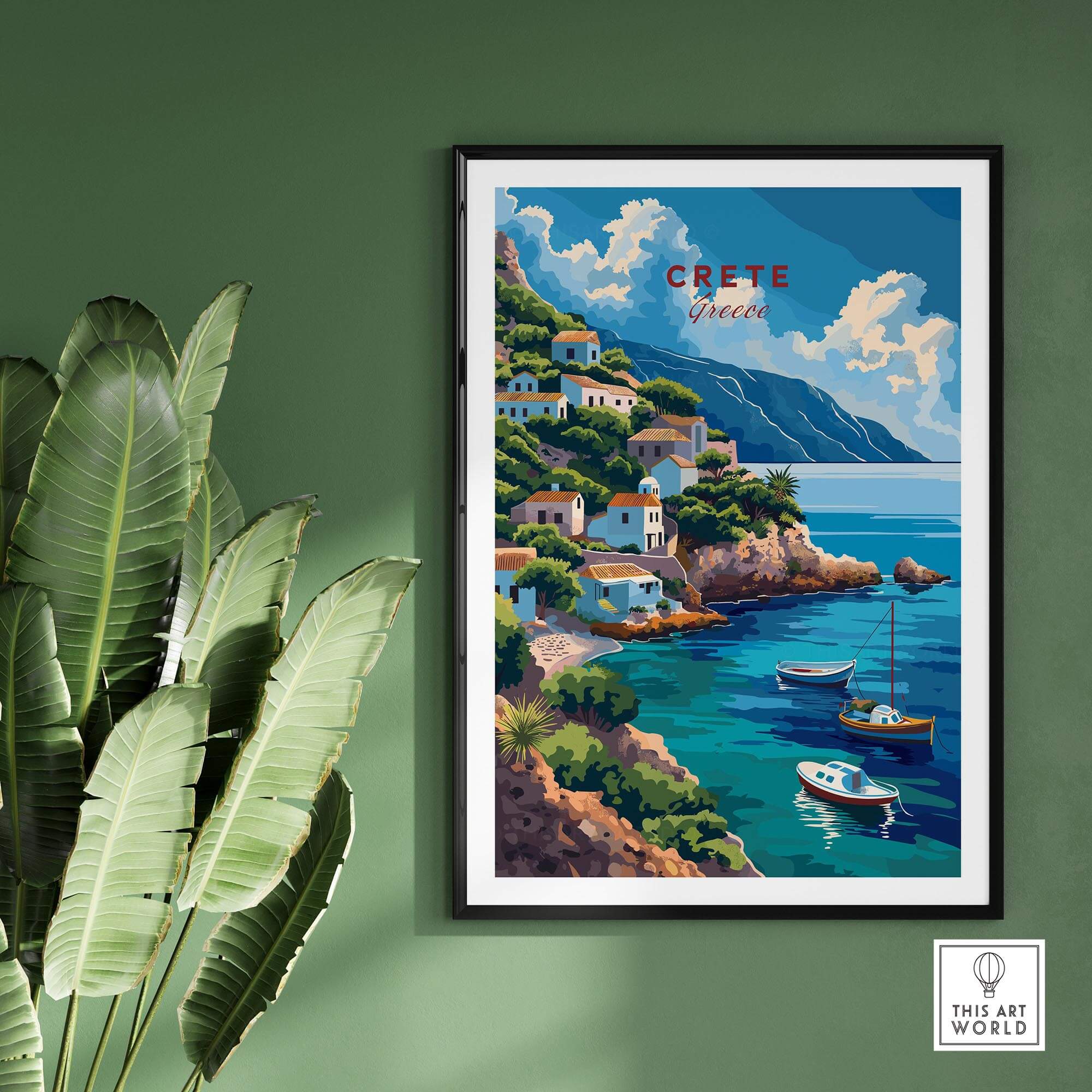 Crete Greece Poster Print showcasing a vibrant coastal scene of Crete with boats and beautiful landscapes.