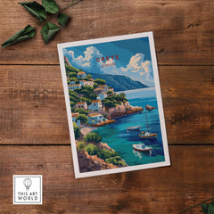 Crete Greece Poster Print showcasing a vibrant coastal scene of Crete with boats and houses, perfect travel decor.