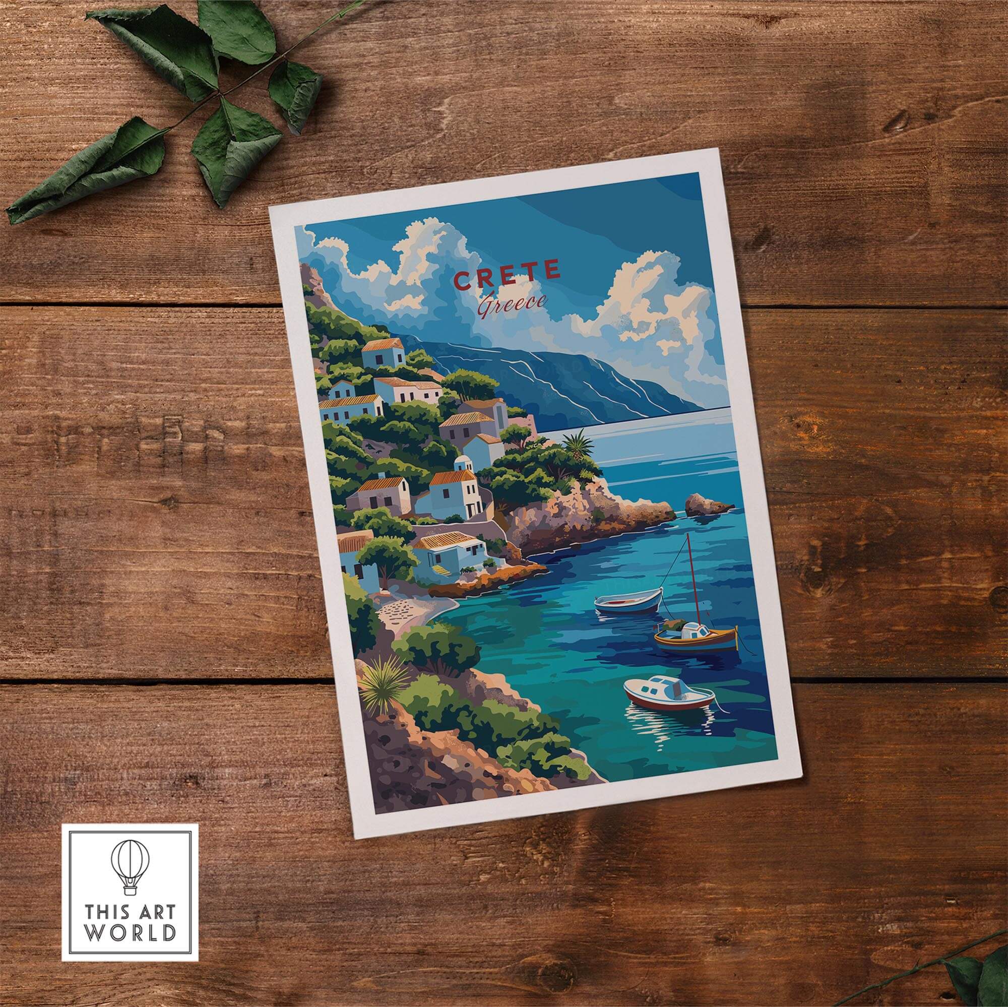 Crete Greece Poster Print showcasing a vibrant coastal scene of Crete with boats and houses, perfect travel decor.